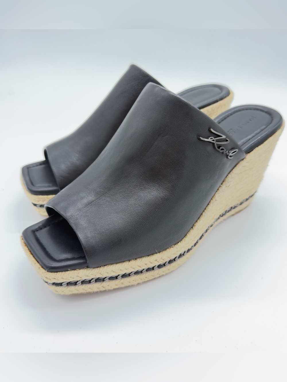 Karl Lagerfeld Black Leather Espadrille Wedge Mules with Jute Platform